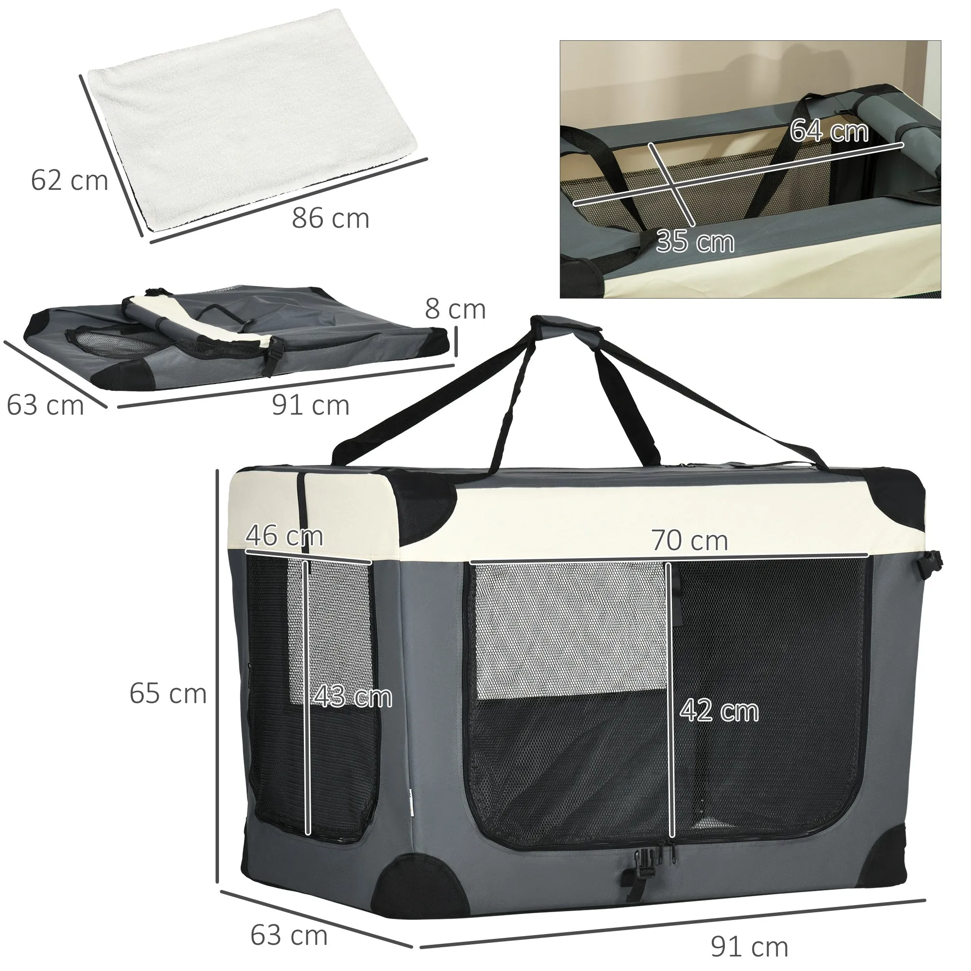 91cm Foldable Pet Carrier with Cushion for Large Dogs and Cats - Grey