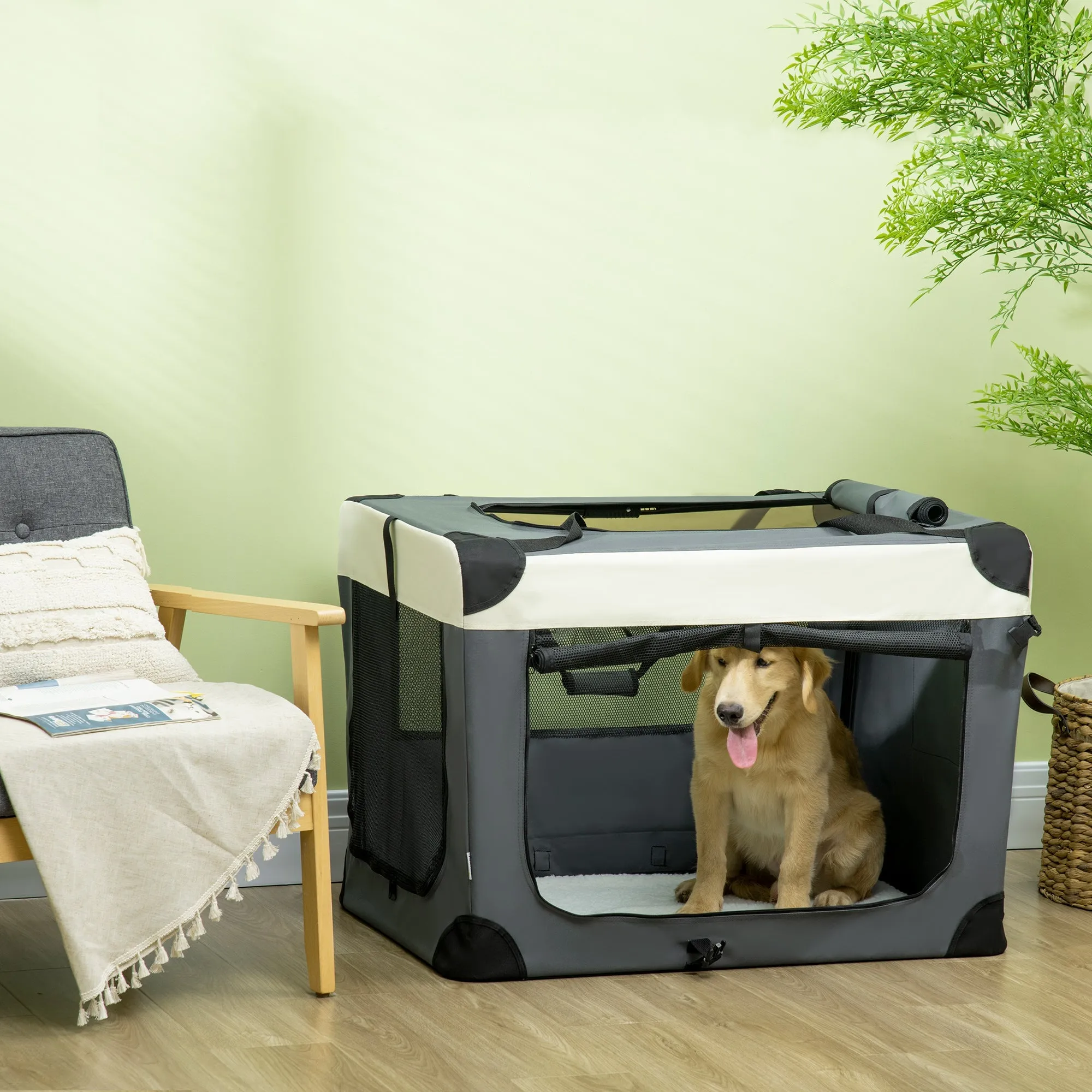 91cm Foldable Pet Carrier with Cushion for Large Dogs and Cats - Grey