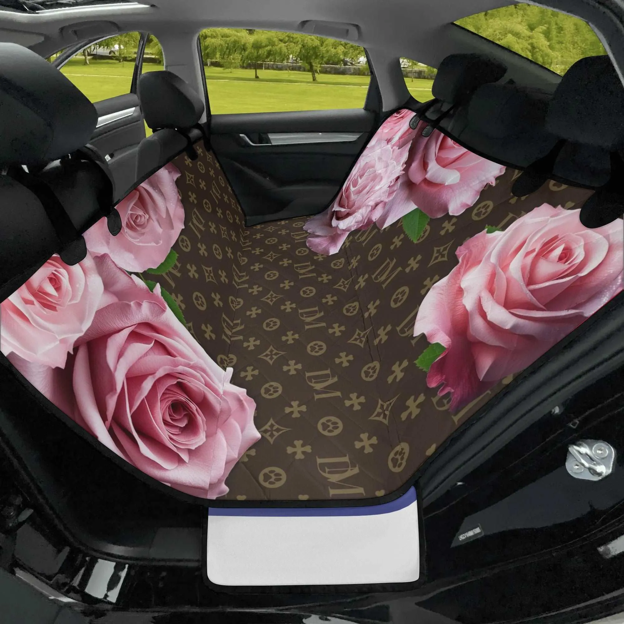 Dog Mom "DM" Motif Pink Rose Hammock Dog Car Seat Cover