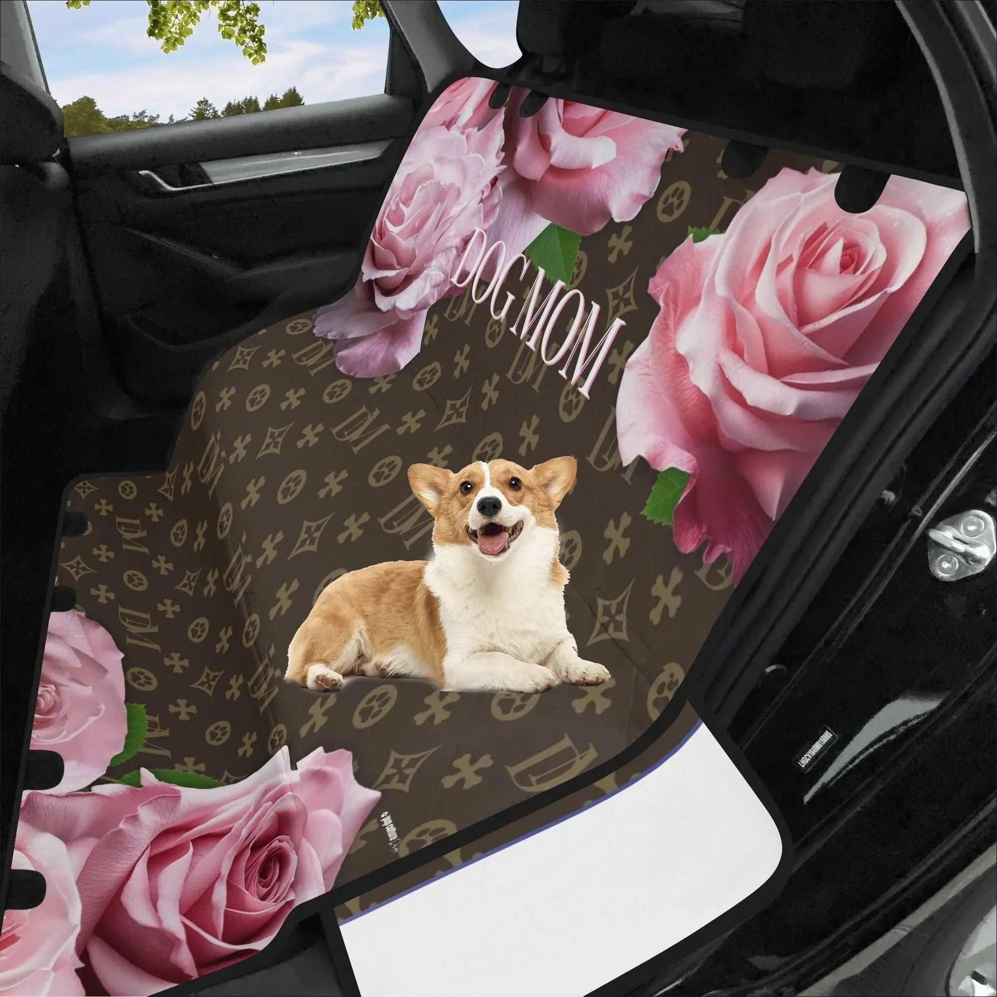 Dog Mom "DM" Motif Pink Rose Hammock Dog Car Seat Cover