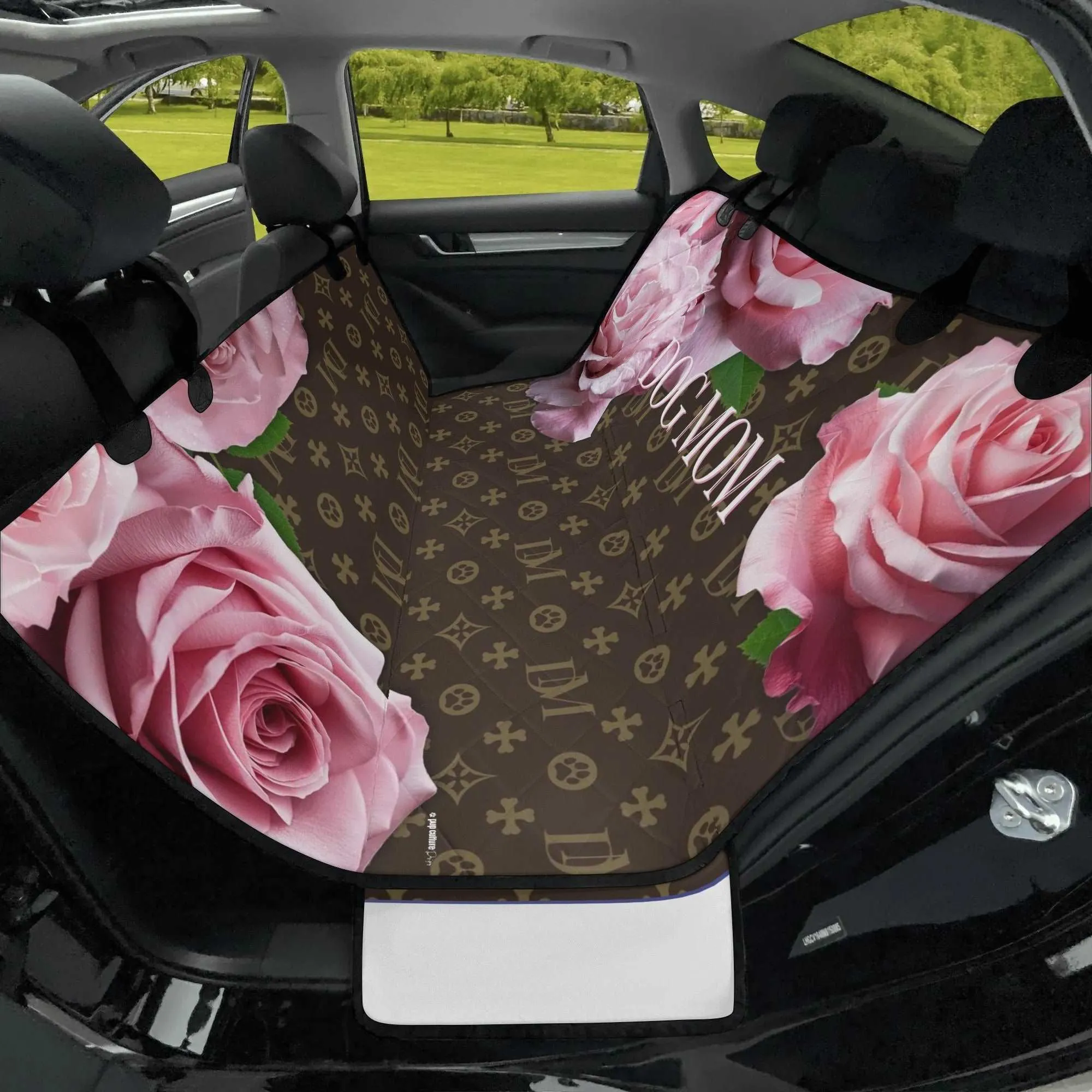 Dog Mom "DM" Motif Pink Rose Hammock Dog Car Seat Cover