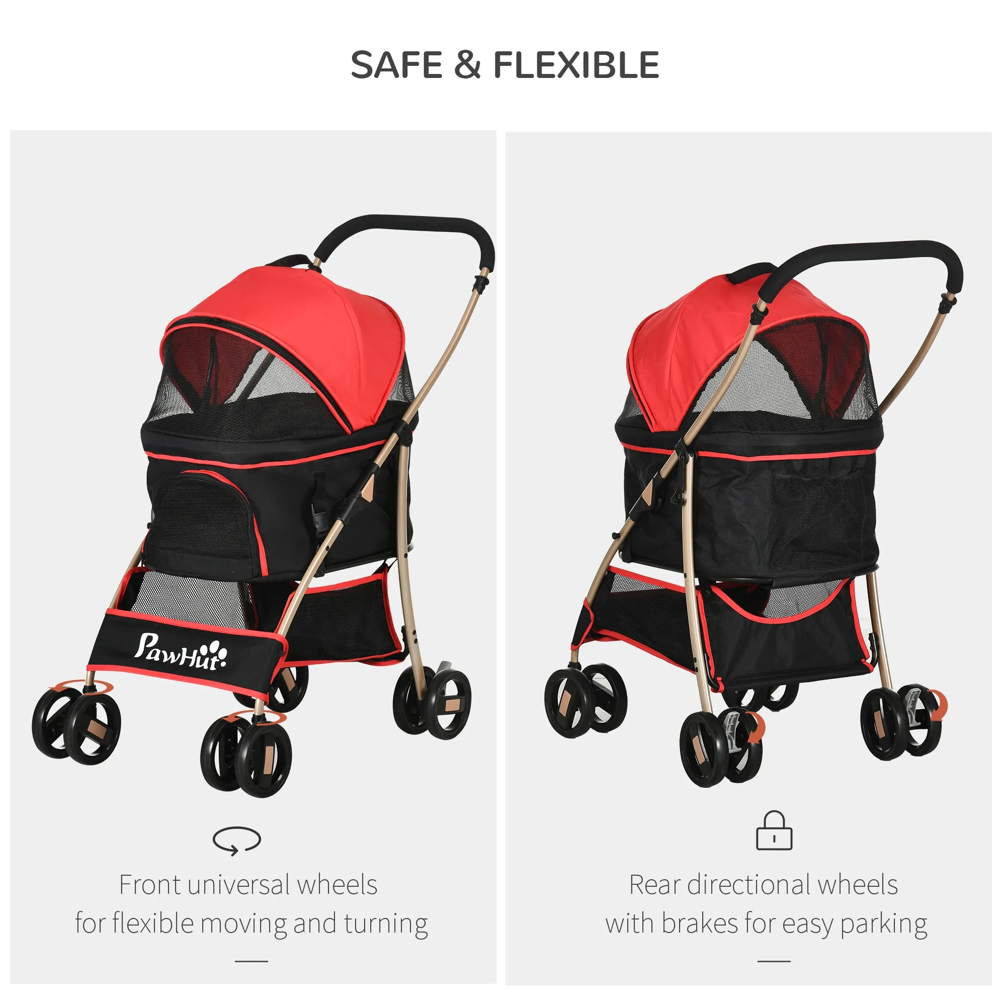 PawHut 3 In 1 Pet Stroller, Detachable Dog Cat Travel Carriage - Red