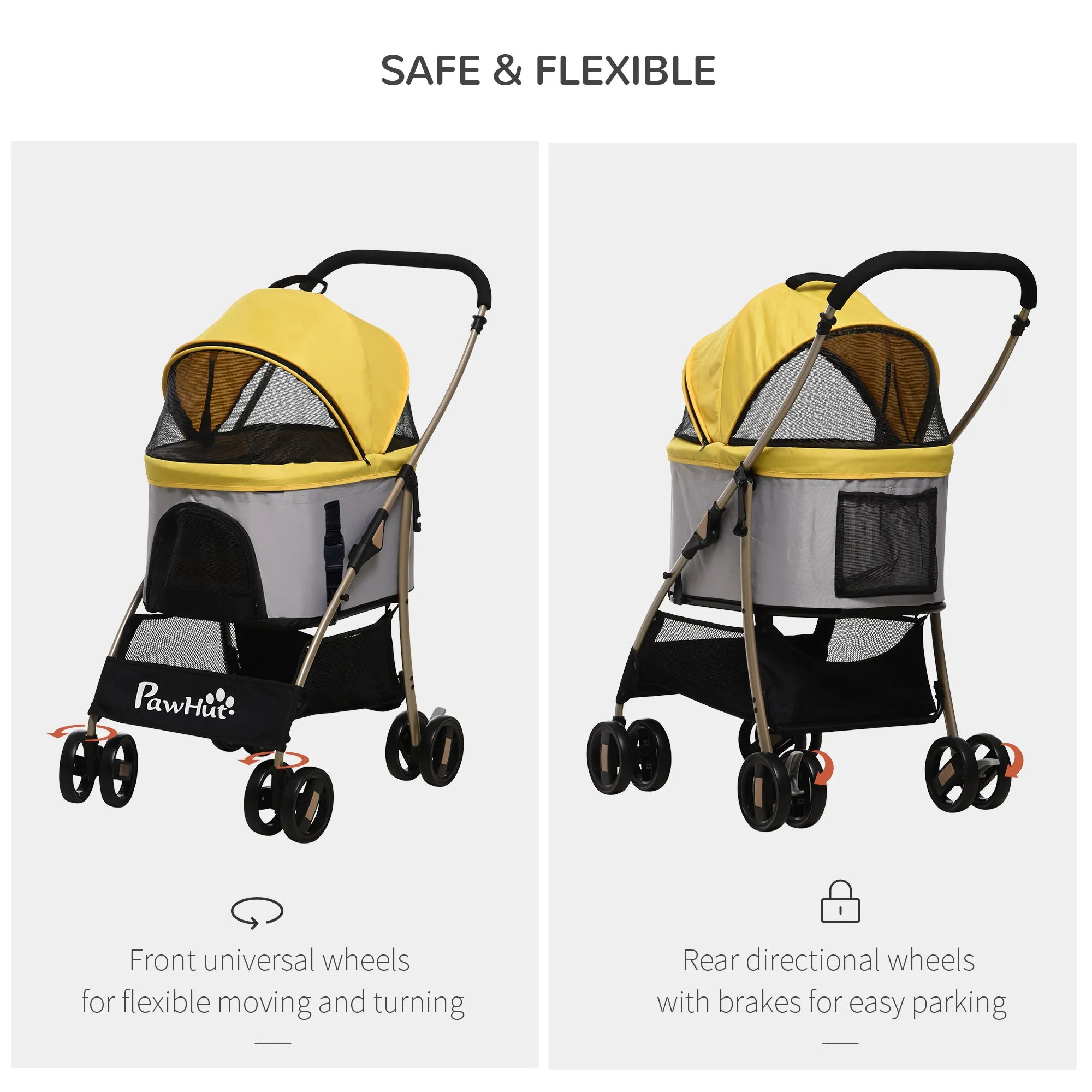 PawHut 3 In 1 Pet Stroller, Detachable Dog Cat Travel Carriage - Yellow