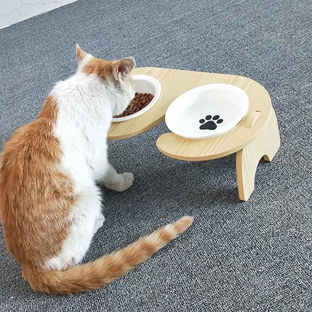 PAWS ASIA Ebay Best Sell Modern Eco Friendly  Wood Elevated Ceramic Cat Bowls Double Dog Feeder