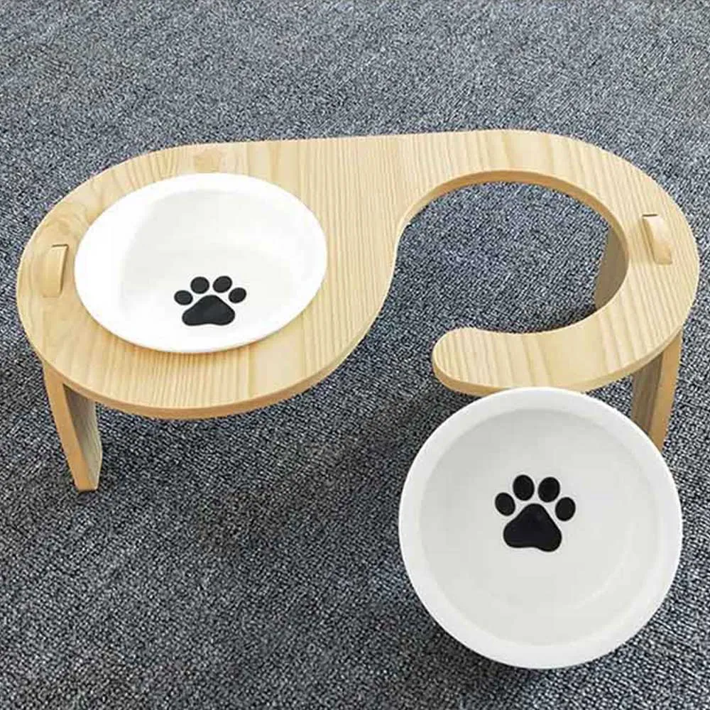 PAWS ASIA Ebay Best Sell Modern Eco Friendly  Wood Elevated Ceramic Cat Bowls Double Dog Feeder